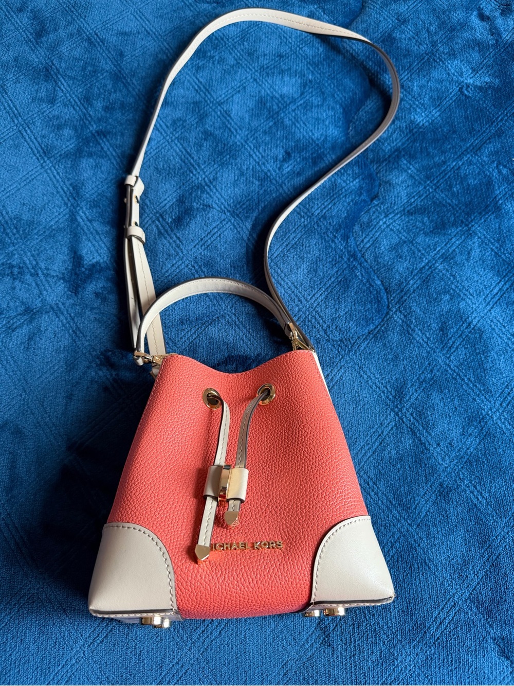 Michael Kors Coral and Cream Mini Drawstring Crossbody